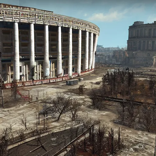 Image similar to Bolshoi Theater, Moscow in ruins post-nuclear war in Fallout 4, in game screenshot