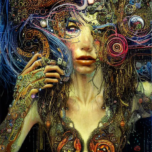 Image similar to cybernetic demon dreaming tripping on lsd, circuitry, intricate detail, klimt, royo,