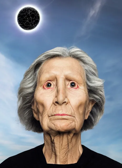 Prompt: a hyper realistic ultra realistic photograph of the 1000 foot tall grandma, highly detailed, 8k photo, meteor, death stare