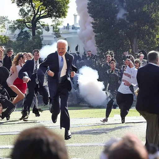 Image similar to detailed Joe Biden running away from a missile strike in the front yard of the White House, big explosion behind him, people running behind him out of focus, chaotic scene