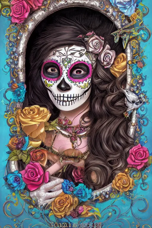 Prompt: Illustration of a sugar skull day of the dead girl, art by Justin Gerard