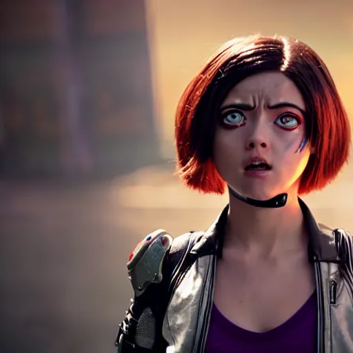 Image similar to Courtney Miller from Smosh as Alita in Alita:Battle Angel, Film Still, 35mm dramatic lighting, cinematic, deep focus, styleframe,