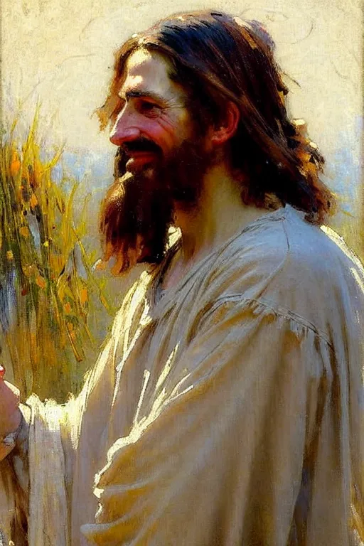 Image similar to impressionist brushstrokes!!!!!!!!! solomon joseph solomon and richard schmid and jeremy lipking victorian loose genre loose painting full length portrait painting of jesus with a slight smile happy inviting