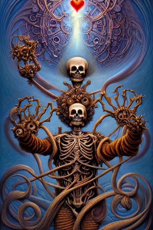 Prompt: A beautiful detailed godness super cute tarot card love and death and robots, by tomasz alen kopera and Justin Gerard, symmetrical features, ominous, magical realism, texture, intricate, ornate, royally decorated, mechanic, skeleton, whirling smoke, embers, red adornements, blue torn fabric, radiant colors, fantasy, trending on artstation, volumetric lighting, micro details, 3d sculpture, ray tracing, 8k, anaglyph effect, digital art