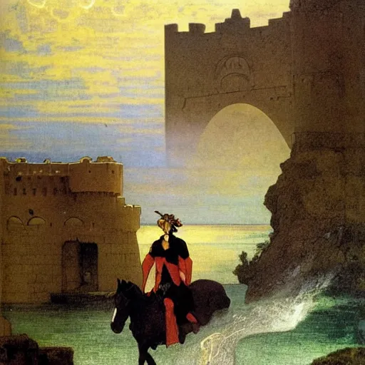 Image similar to Magician riding a horse leaving the castle through the bridge, thunderstorm, beach ocean on the background major arcana sky, by paul delaroche, alphonse mucha and arnold böcklin arnold böcklin hyperrealistic 8k, very detailed