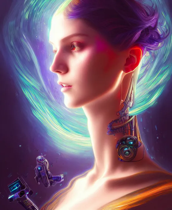 Image similar to a whirlwind of souls rushing inside the metaverse, hologram, half body, neurochip, shaved temple, piercing, jewelry, android, cyborg, cyberpunk face, by loish, d & d, fantasy, intricate, elegant, highly detailed, colorful, digital painting, artstation, concept art, art by artgerm and greg rutkowski and alphonse mucha