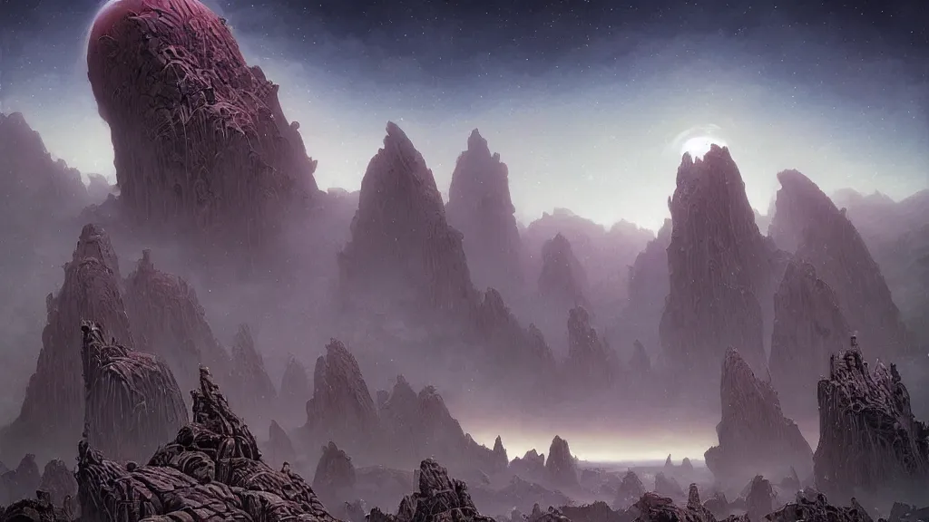 Prompt: eerie atmospheric alien worlds by michael whelan and stephan martiniere, epic cinematic matte painting