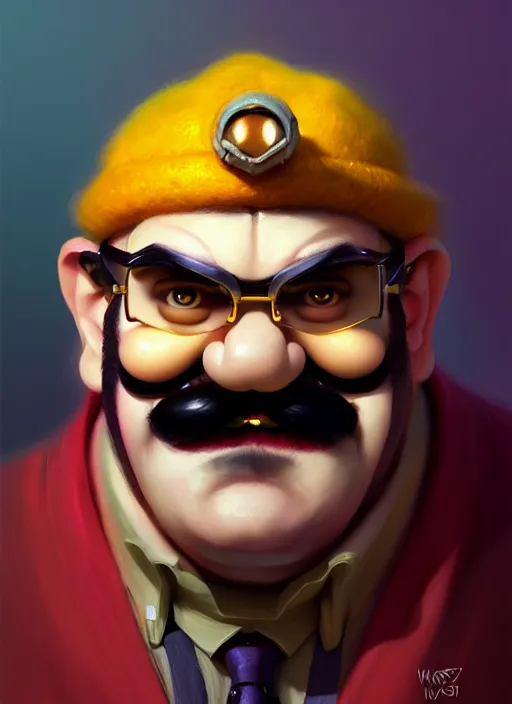 Image similar to portrait of wario from warioware, intricate, elegant, glowing lights, highly detailed, digital painting, artstation, concept art, smooth, sharp focus, illustration, art by wlop, mars ravelo and greg rutkowski