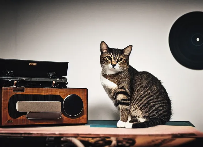 Image similar to photography of a Cat sitting on a record player. in a room full of vinyls and posters out of the 70's, photorealistic, raining award winning photo, 100mm, sharp, high res