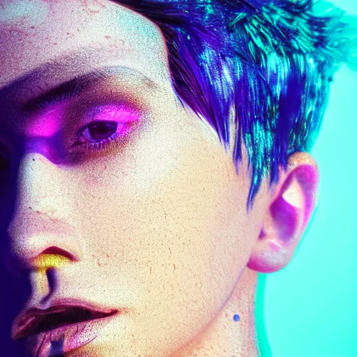 Prompt: close up shot androgynous trans masc model with black hair pixie cut covered with oil, reflection on the oil, krenz cushart, submerged underwater, blue and purple neon lighting, 3d octane render, fashion model photography, brandon woelfel, insanely detailed and intricate, super detailed, fluid sim, golden ratio