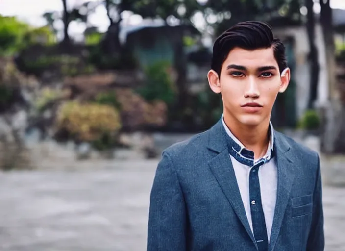 Image similar to outdoor medium close shot of a very very very very extremely handsome!!! good looking young man in 2 0 2 2 with the face of jose rizal!!! wearing stylish modern clothes photo taken in 2 0 2 2, 3 5 mm f 1. 4 digital color photography