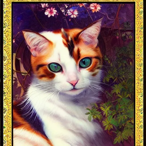 Prompt: painting of a calico cat!!!!!!, calico cat, animal, cat masterpiece, sakimichan!!!!!, Ross Tran, (((Alphonse Mucha)))