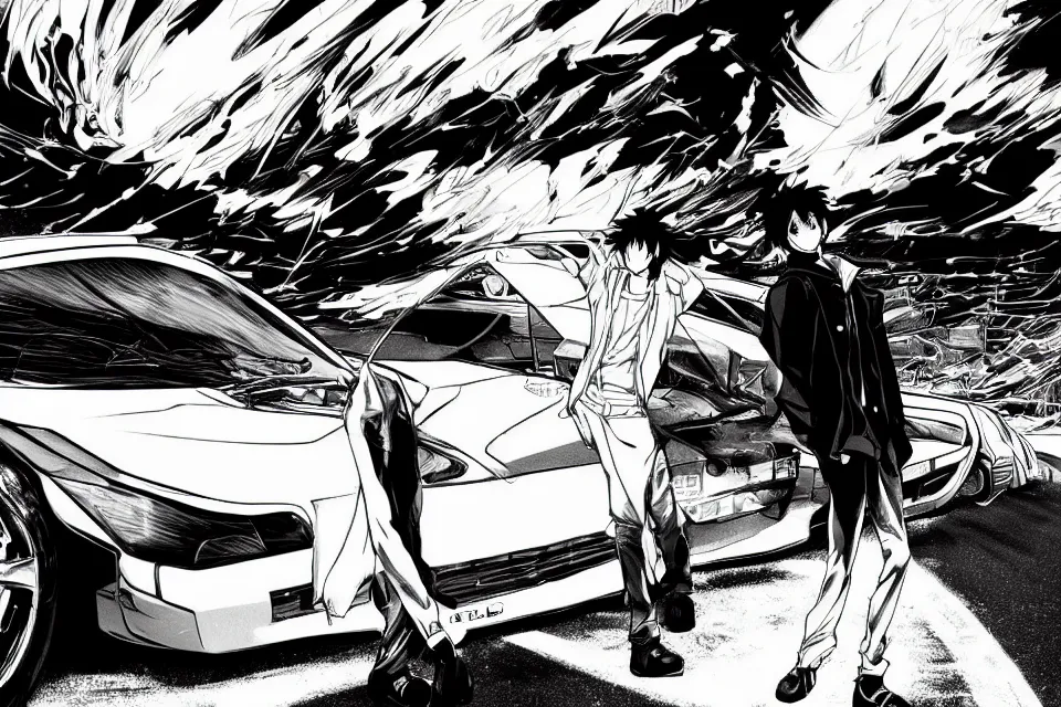 Prompt: aesthetic detailed illustration of ryosuke takahashi with black hair and white pants, standing by his white glossy mazda rx 7 on an empty highway at sunrise, cinematic lighting, initial d anime 1 0 8 0 p, detailed anime face, high detail, 9 0 s anime aesthetic, volumetric lights, rule of thirds, unreal engine 5 render, pinterest wallpaper, trending on artstation