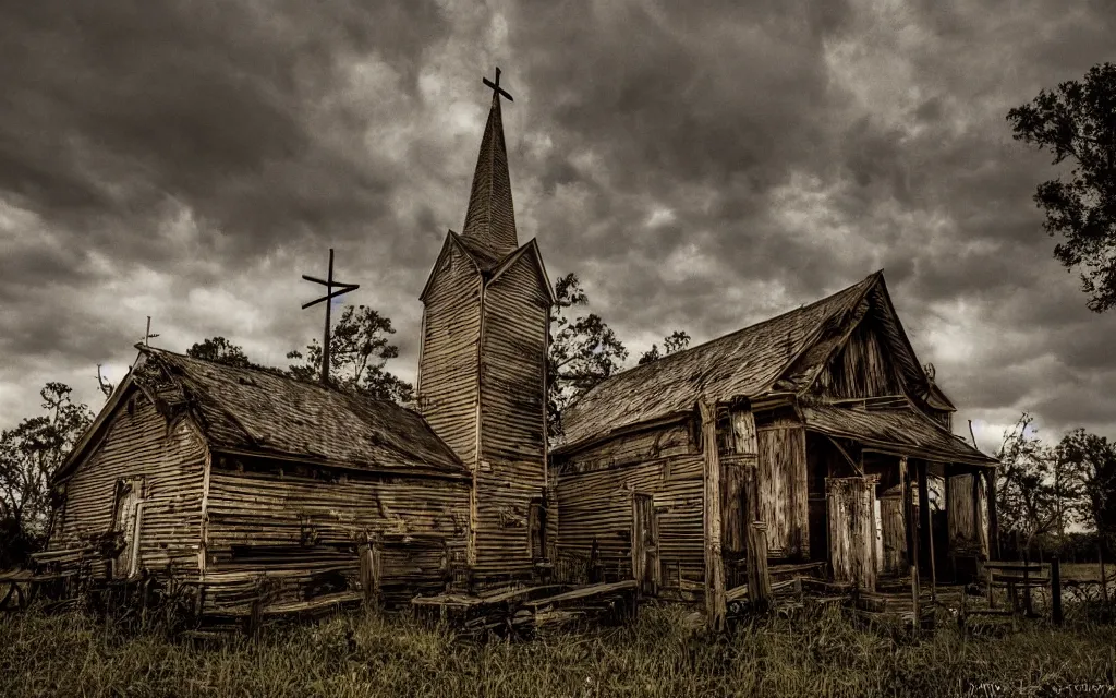 Image similar to a wooden church rotting away in the bayou, realistic, dynamic composition, dramatic lighting, ultra detailed