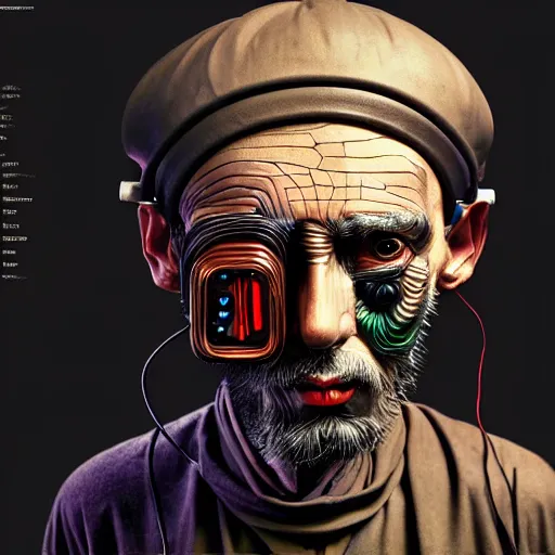 Image similar to Colour Caravaggio style Photography of 1000 years old man with highly detailed 1000 years old face wearing higly detailed cyberpunk VR Headset designed by Josan Gonzalez Many details. . In style of Josan Gonzalez and Mike Winkelmann andgreg rutkowski and alphonse muchaand Caspar David Friedrich and Stephen Hickman and James Gurney and Hiromasa Ogura. Rendered in Blender