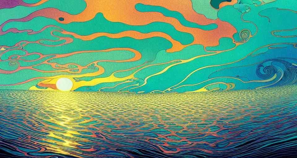 Prompt: [ palate ] [ muted colors ] crazy psychedelic ocean waves, steamship crossing the ocean, paisley swirls and ripples, backlit, sunset, refracted lighting, outdoors, paisley clouds in the sky, elegant, 8 k resolution, intricate and fine details, digital painting, artstation, illustration, greg rutkowski, alphonse mucha