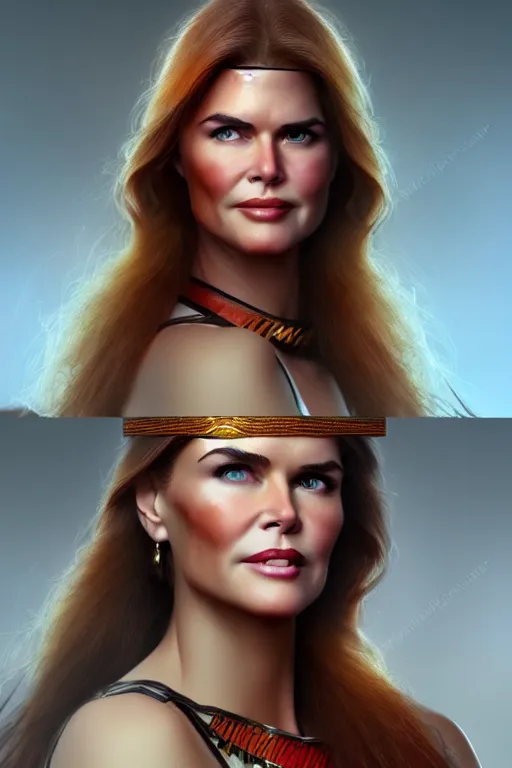 Image similar to mix of beautiful young maria shriver, mariel hemmingway, brooke shields, nicole kidman and elle macpherson as a young amazon warrior, thin lips, hair tied up in a pony tail, dark blonde hair, colorful, artstation, cgsociety