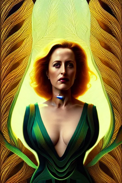 Prompt: young gillian anderson portrait, art deco, fantasy, intricate art deco leaf designs, elegant, highly detailed fractals, sharp focus, art by artgerm and beeple and greg rutkowski and wlop