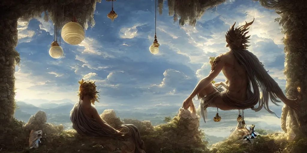 Image similar to wind deity enjoying the view from his stone heavenly palace, decorated with windchimes and paper lanterns, stunning nature and clouds in background, digital art, detailed, by greg rutkowski