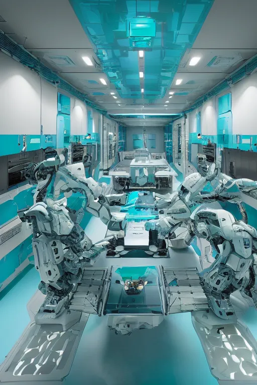 Prompt: interior of robotic medical facility, mecha, teal, highly detailed
