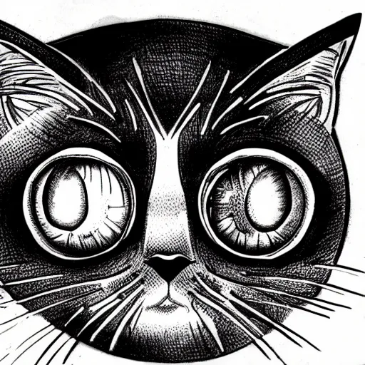 Prompt: tattoo sketch of a one - eyed cat, on a canva, blackwork, ornamental, line art, vector,