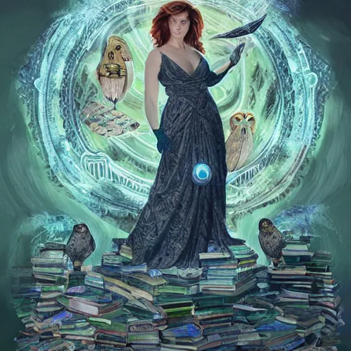 Prompt: a portrait of alexandra breckenridge as the goddess minerva surrounded by stacks of books, and owls, bioluminescent gown with deep level of detail of esoteric symbols, urban motifs, intricate, elegant, highly detailed, digital painting, trending on artstation, concept art, smooth sharp focus, illustration, art by artgerm and greg rutkowski