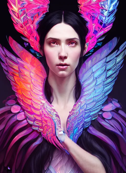 Prompt: portrait of a translucent black haired woman with pink and blue flaming phoenix wings style of god of war, swarm of transparent glass shards, intricate, elegant, highly detailed, digital painting, artstation, concept art, smooth, sharp focus, illustration, art by artgerm and greg rutkowski and alphonse mucha, 8 k