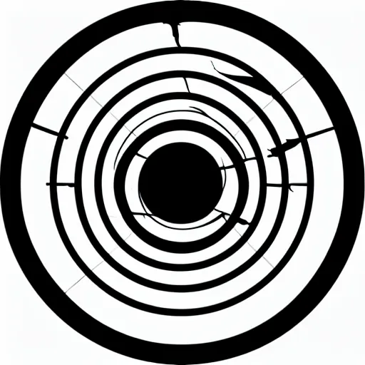 Image similar to a perfect circle, the outer edge of the circle is the silhouette of a city skyline, black and white, minimalist, in the style of a line drawing