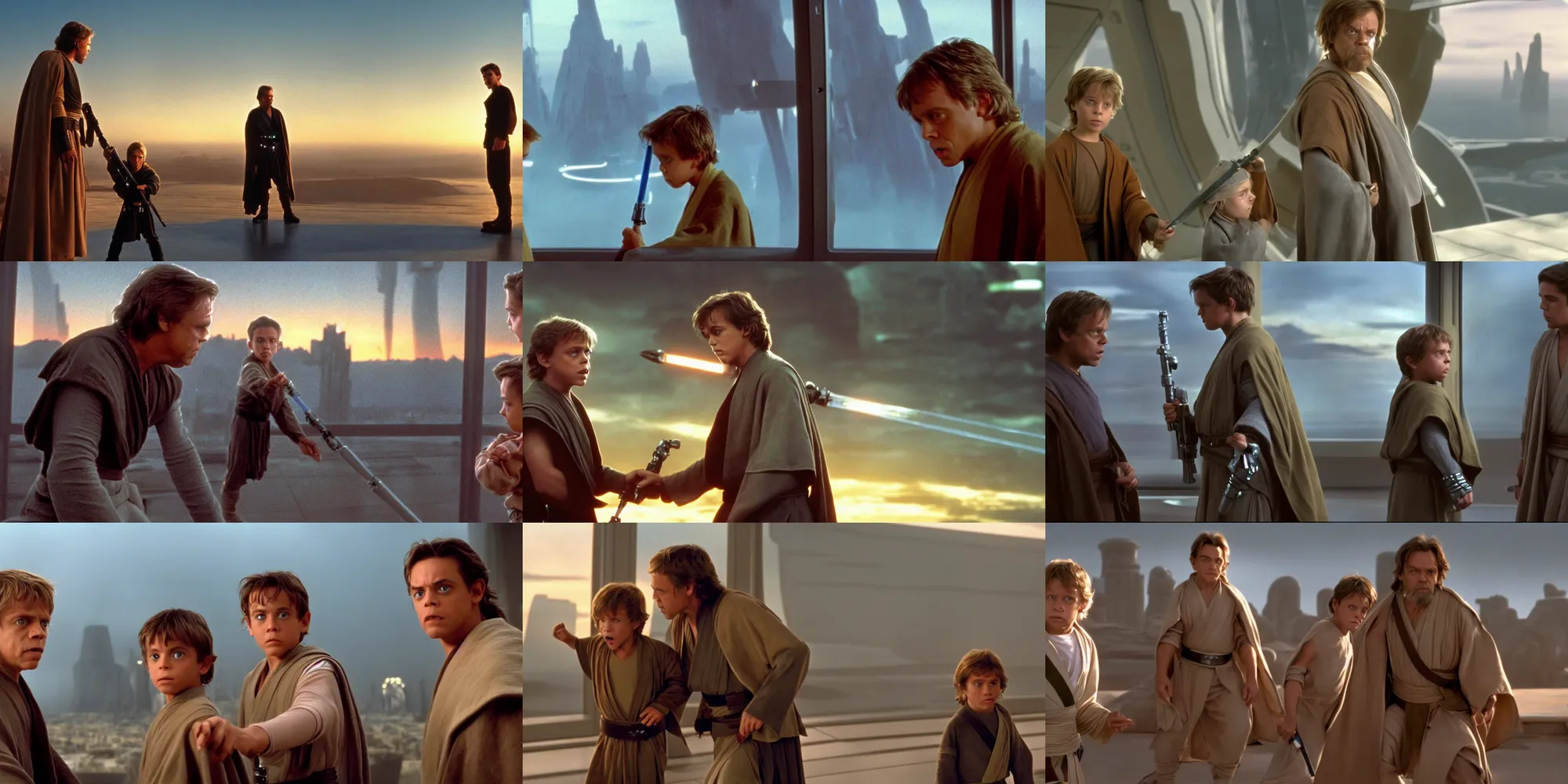 Prompt: A full color still of Mark Hamill as Jedi Master Luke Skywalker, clean shaven, training a young diverse Jedi padawan, with large windows showing a sci-fi city outside, at dusk, at golden hour, from The Phantom Menace, Industrial Light & Magic, directed by Steven Spielberg, 35mm film, 1999, 4k, 8k