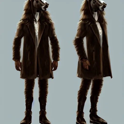 Image similar to concept art of hybrid human and horse wearing coat, anthropomorphic horse wearing a coat and standing on two legs like human, digital art, photo realistic, artstation, highly detailed