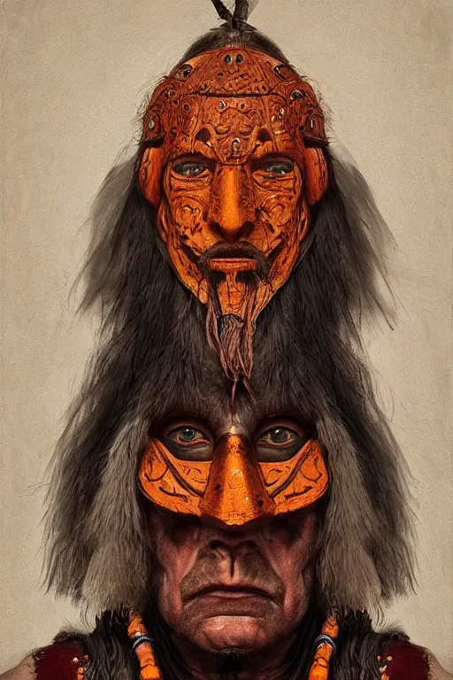 Image similar to portrait, headshot, digital painting, an old shaman in slavic wooden orange - painted ritual mask, realistic, hyperdetailed, chiaroscuro, concept art, art by frans hals