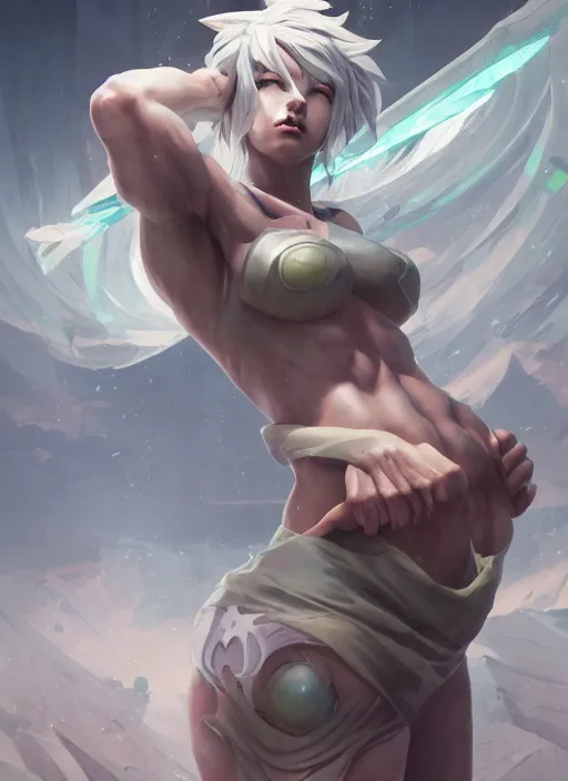 Image similar to riven from league of legends, with abs, au naturel, hyper detailed, digital art, trending in artstation, cinematic lighting, studio quality, smooth render, unreal engine 5 rendered, octane rendered, art style by klimt and nixeu and ian sprigger and wlop and krenz cushart