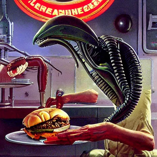 Image similar to alien xenomorph eating a cheeseburger, at a 5 0 s diner, painted by norman rockwell, greg rutkowski, john howe, wlop, artgerm