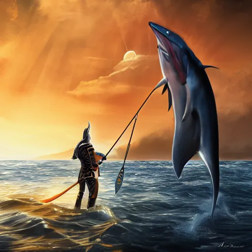 Prompt: lord sauron on his new paddle fishing a giant swordfish, cap canaveral background, digital art, trending on art station, high quality, uhd 8 k, beautiful, golden hour, intricate detail, high gradient, raytracing