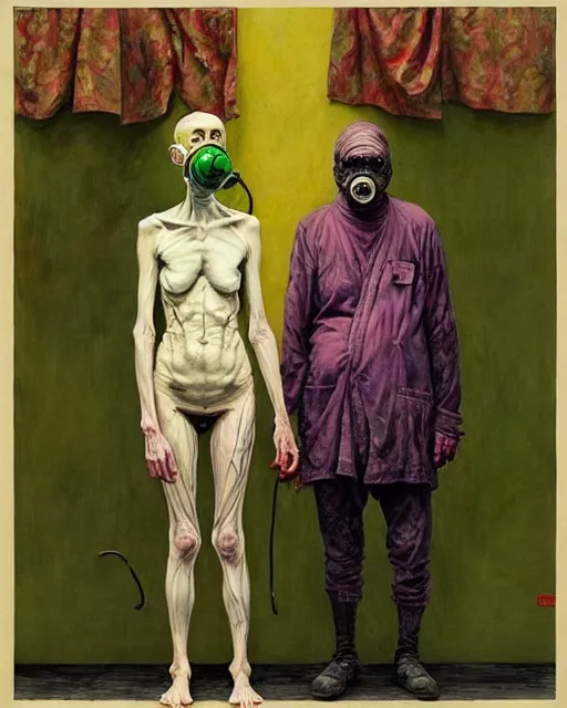 Image similar to two skinny old people with extra limbs, wearing gas masks and robes of gold, green and pink, cinematic, dystopian, eerie, horror, gothic, highly detailed painting by Jenny Saville, Esao Andrews, Francis Bacon, !!!Edward Hopper!!! surrealism, art by Takato Yamamoto and James Jean