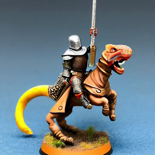 Image similar to A medieval knight riding on a giant leopard gecko towards the camera, 4k, painted wargaming miniature