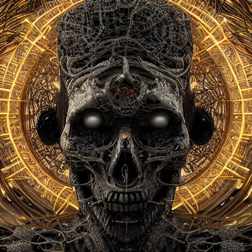 Image similar to cybernetic deity with circuitry structure skull and networked mind tripping on acid, intricate detail, lovecraft, royo, whealan, giger, klimt, hd, octane render, unreal engine,