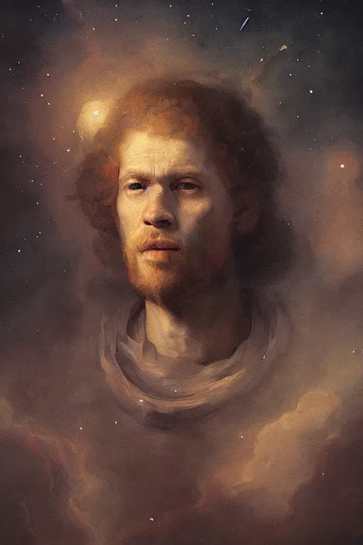 Prompt: a portrait of john of the black bands facing the death, soft painting, constellations and nebulae in the background, rembrandt style, elegant, highly detailed, artstation, concept art, matte, sharp focus, art by tom bagshaw, casimir art, kelogsloops and greg rutkowski