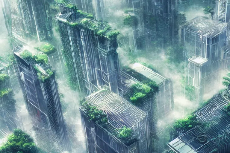 Image similar to futuristic city, lush vegetation, humid, early evening, diagonal view, geometric buildings, cloudy, beautiful, dull pastel colors, realistic, foggy, dreamy, nostalgic, bright, trending on artstation by yoshitaka amano and makoto shinkai, studio ghibli style