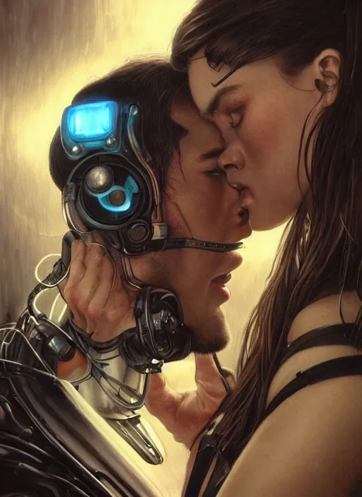 Image similar to ultra realistic medium shot of a couple of cyborgs kissing, lovers, cyberpunk, sci - fi, fantasy, kodak, photorealistic illustration, colour led, soft light, volumetric lighting, night, intricate, highly detailed, digital painting, concept art, smooth, sharp focus, illustration, art by artgerm and greg rutkowski and alphonse mucha