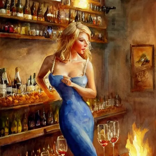 Image similar to beautiful blonde in hot dress in a wine cellar, food, pork, beer, schnapps, rustic, traditional, torches on the wall, watercolor by vladimir volegov, highly detailed, masterpiece