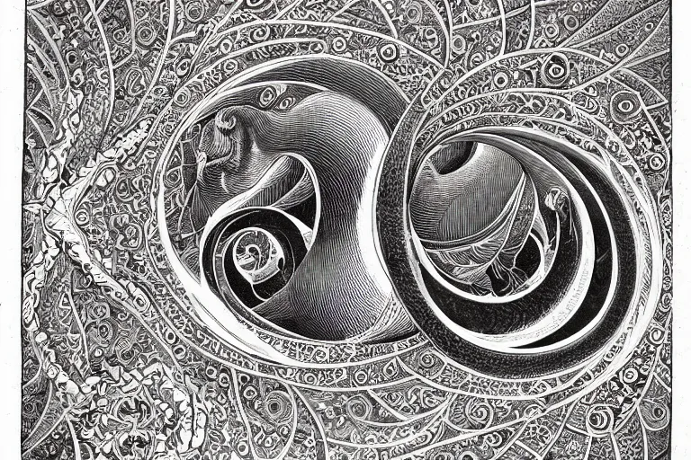 Image similar to an ornate illustration in the styles of mandalas and fractals, the styles of escher and penrose, depicting a weasel staring deep into the heart of the impossible all - and - nothing of the emerging singularity ; / what has god wrought? / he seems to be whispering.