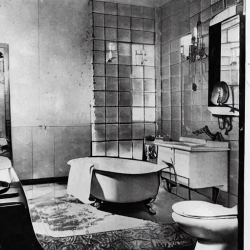 Image similar to a 1 9 5 0 s newspaper photo of a lavish bathroom. the mirror is shattered on the floor