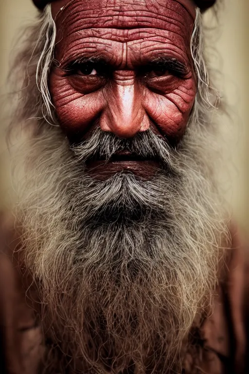 Image similar to a close up face photography of an old Indian sadhu with a beard by maarten schröder and tom bagshaw, studio photography, catchlight in the eyes, melancholic, 70mm lens, dark background, ring lighting, vignette, very detailed, shallow depth of field, trending on 500px, 8K, highly coherent