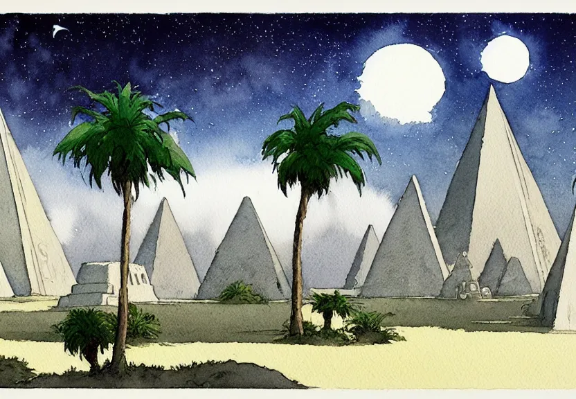 Image similar to a simple watercolor fantasy concept art of several large white pyramids with a dark grey boxy ufo from independence day ( 1 9 9 6 ) next to a palm tree at night with white pyramids in the background. by studio ghibli, rebecca guay, michael kaluta, charles vess