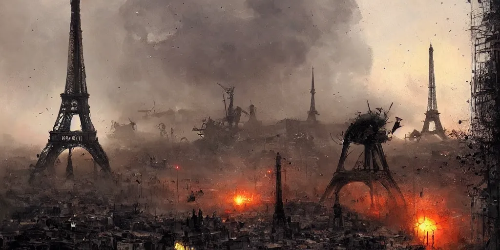 Prompt: war of the worlds, giant mech attack paris, human soldiers, eiffel tower! intense fighting, glowing lights!! digital painting, very detailed, art by jakub rozalski