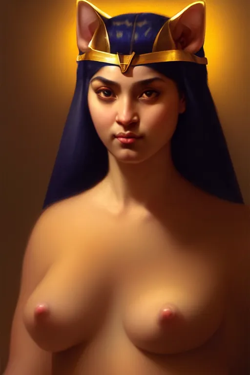 Prompt: softly lit portrait of the beautiful chonky egyptian goddess, bastet, bast, woman / cat hybrid, soft torchlight in an egyptian tomb, digital art by ruan jia and mandy jurgens and artgerm and william - adolphe bouguereau, highly detailed, trending on artstation, award winning,