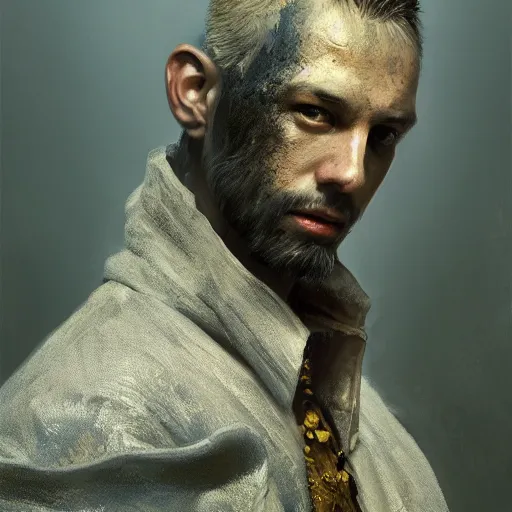 Prompt: portrait painting of an male humanoid with grey skin and sharp dogtooth, beautiful, dark fantasy, medieval, painted, intricate, volumetric lighting, rich deep colours masterpiece, golden hour, sharp focus, ultra detailed, by ruan jia