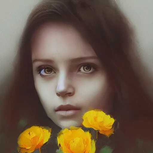 Image similar to Ukrainian girl with a flowers covered into the Ukrainian flag profile picture by Greg Rutkowski, asymmetrical, Organic Painting , Matte Painting, geometric shapes, hard edges, street art, trending on the artstation, graffiti, realistic:2 by Sachin Teng:4, blur: -4