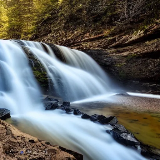 Image similar to large waterfall, water turning into diamonds and falling into a lake, wide angle shot, 8K